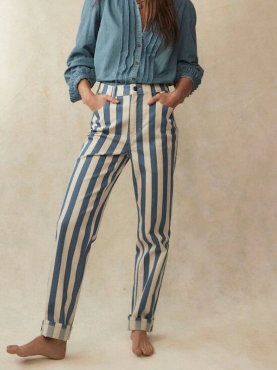 Boden Denim - Boden High Rise Stripe Jeans Women's 29 Blue White Straight Boho Nautical Preppy